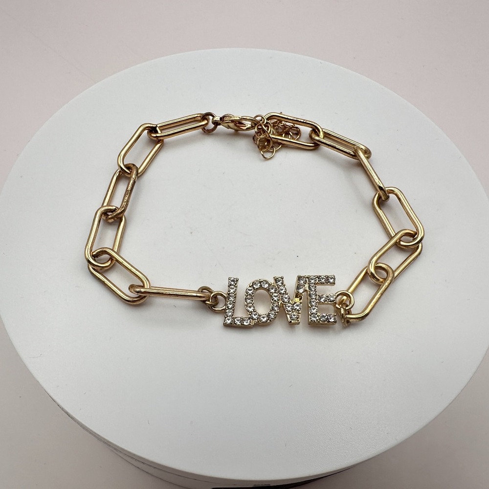 Vintage Y2K Gold Tone Rhinestone LOVE Paperclip Chain Bracelet for Women